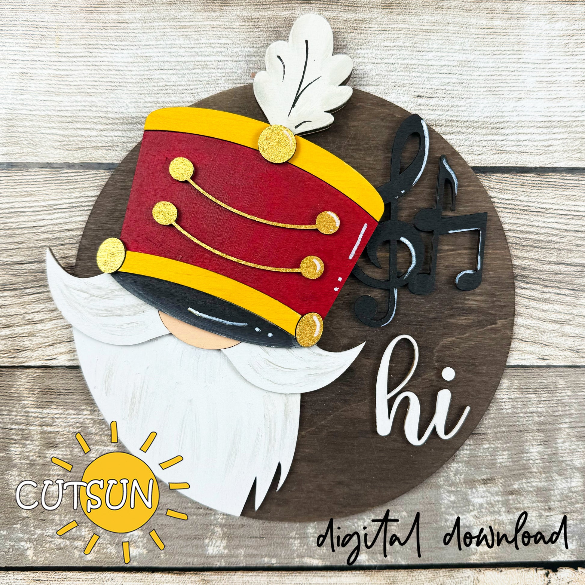 Marching Band Gnome SVG with red and gold hat and musical notes, digital laser cut file for interchangeable gnome sign.