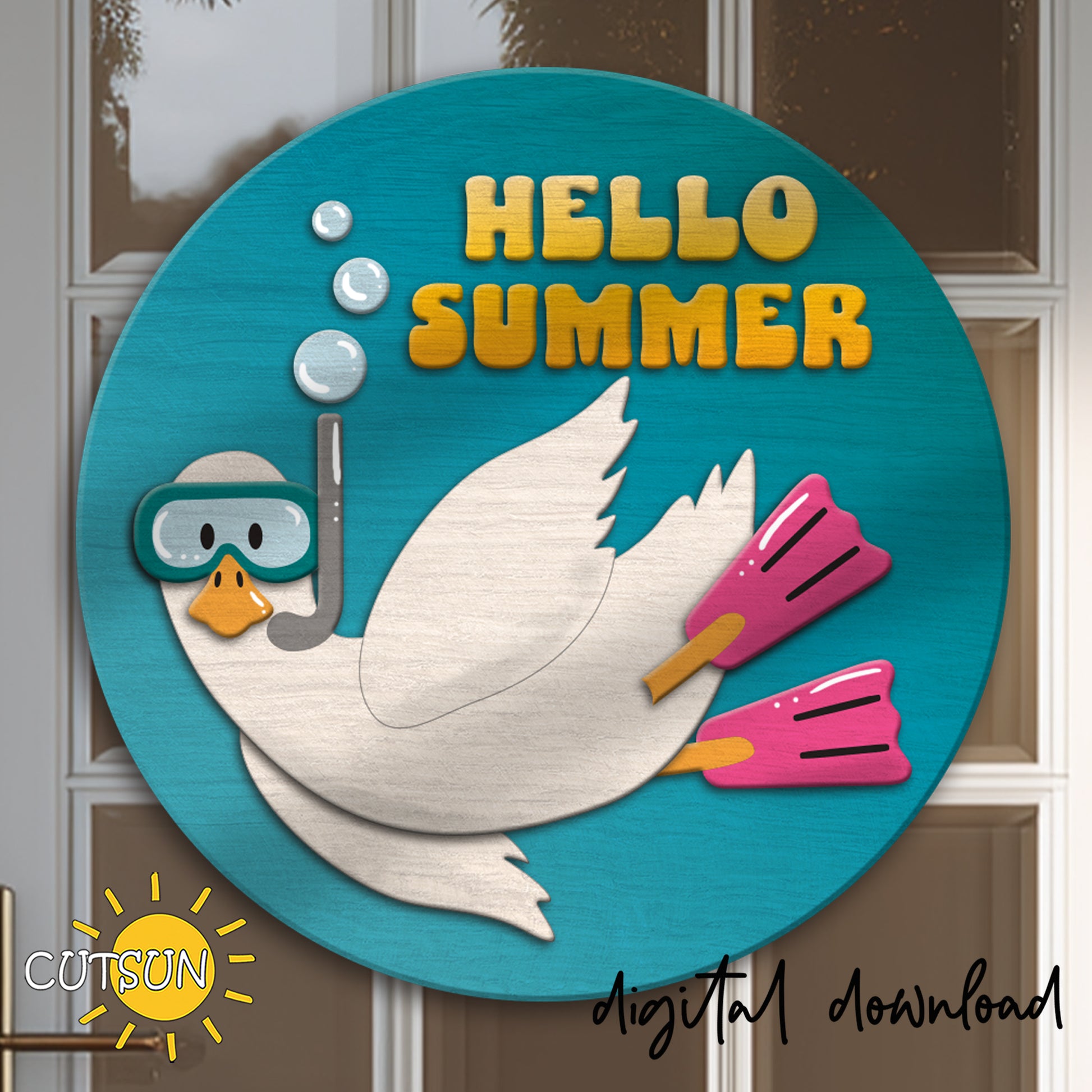 Layered round summer sign with goose wearing snorkel mask and flippers and Hello Summer text
