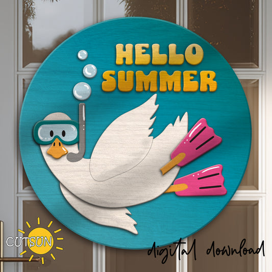 Layered round summer sign with goose wearing snorkel mask and flippers and Hello Summer text
