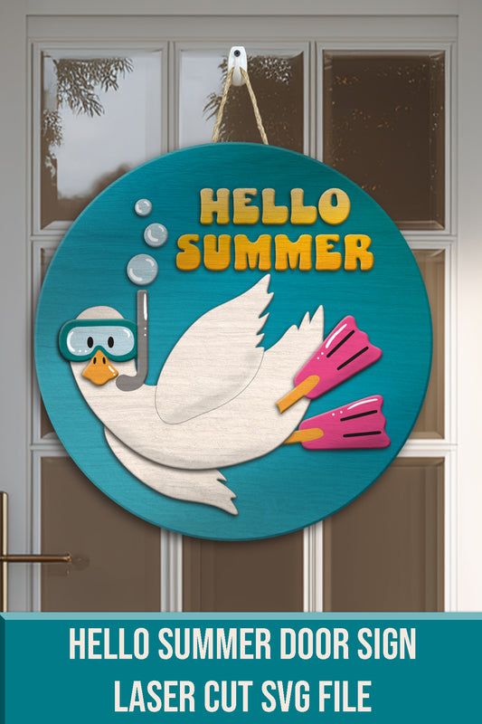 Hello Summer Goose Door Sign SVG – Scuba Diving Goose Round Sign File