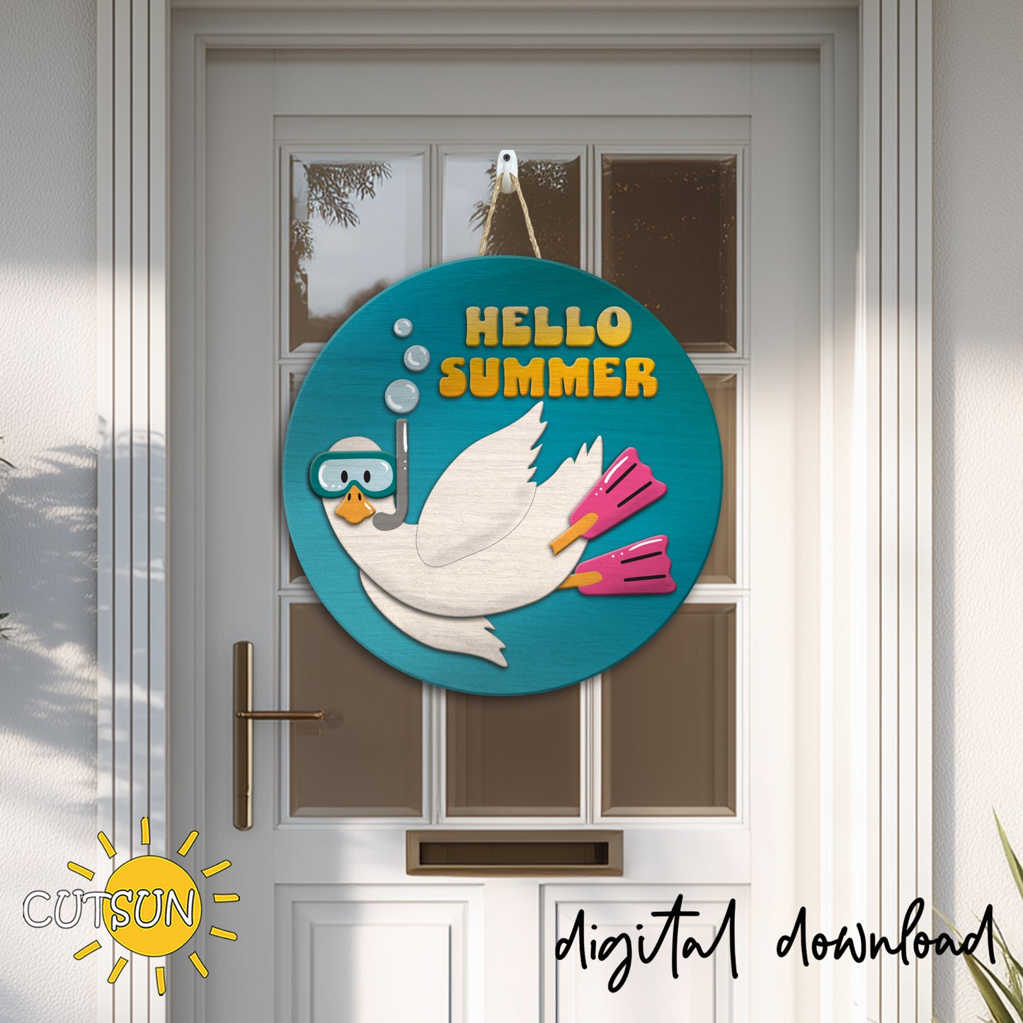 Hello Summer Goose Door Sign SVG – Scuba Diving Goose Round Sign File
