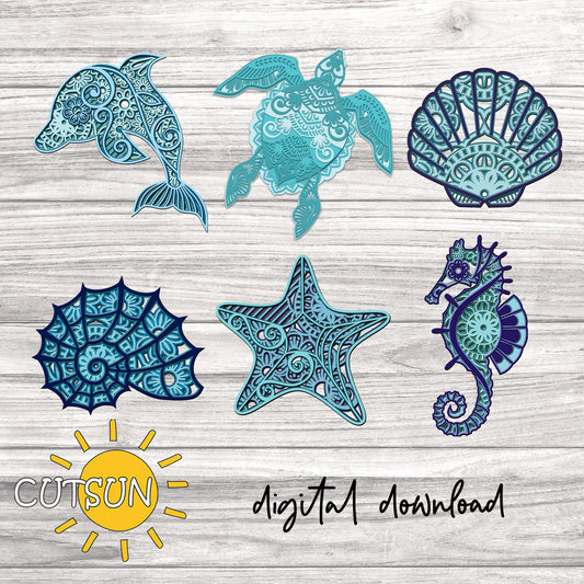 Layered sea animal SVG bundle with dolphin, turtle, seahorse, starfish, seashells – mandala-style ocean designs for laser cutting