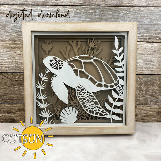 Layered sea turtle shadow box SVG design with coral and ocean plants – laser cut file for Glowforge or xTool