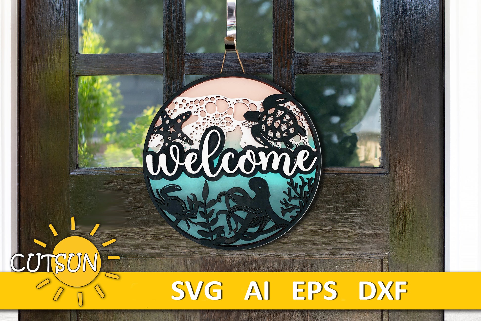 Layered ocean welcome sign SVG with turtle, octopus and coral – laser cut file for Glowforge or xTool