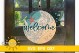 SVG digital download for an elegant round door hanger with waves, sea foam, starfish and footprints on the sand