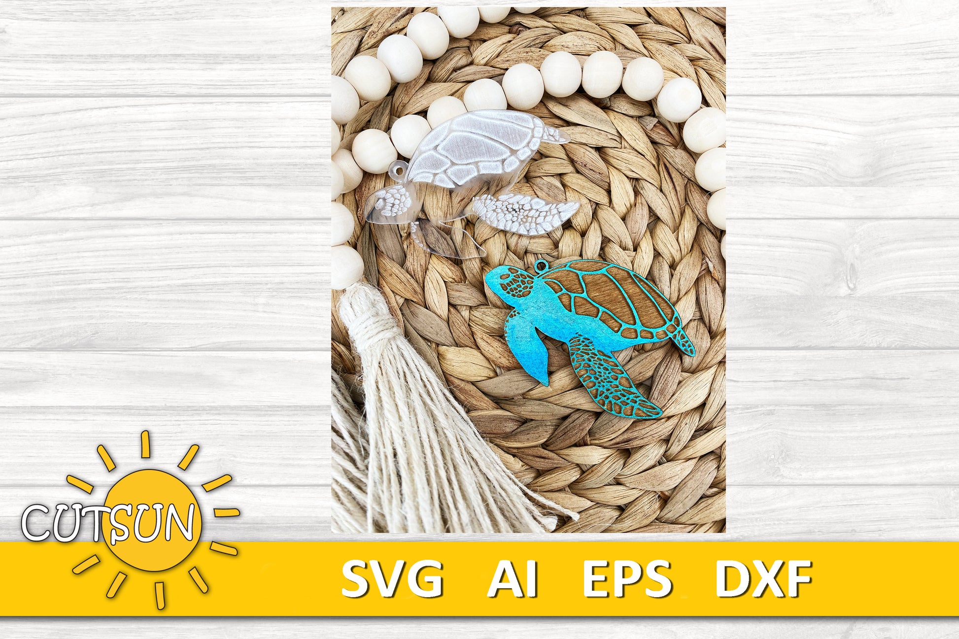 Laser-cut sea turtle keychains in blue wood and engraved clear acrylic, displayed on a woven background with wooden beads and a tassel.