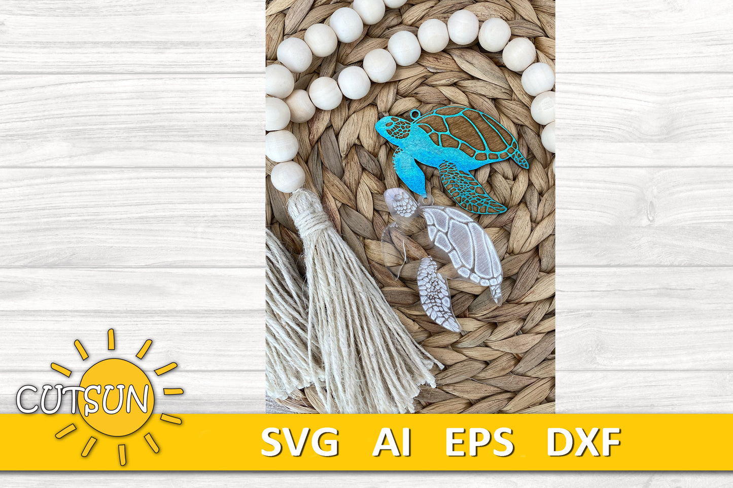 Laser-cut sea turtle keychains in blue wood and engraved clear acrylic, displayed on a woven background with wooden beads and a tassel.