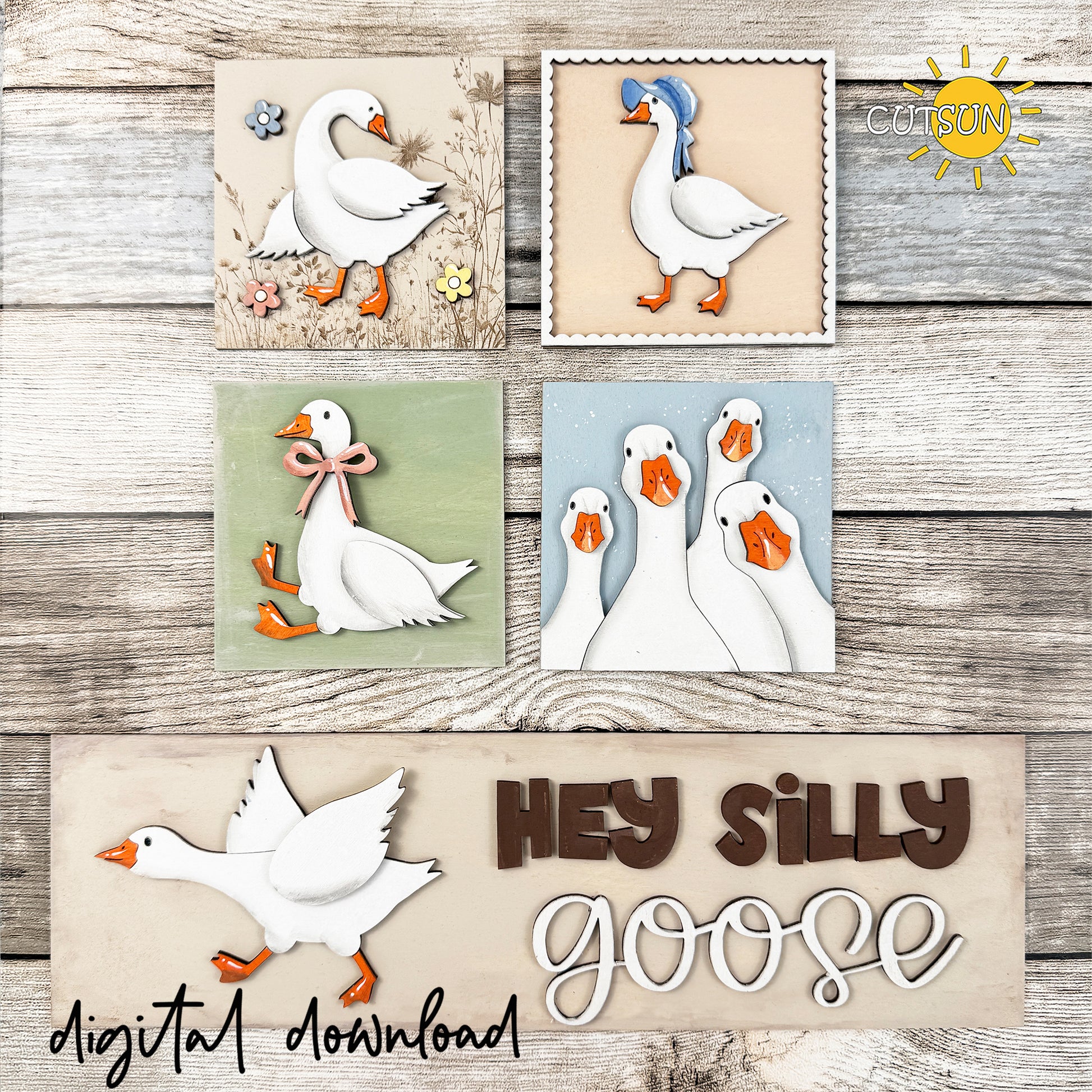 Layered Hey Silly Goose SVG leaning sign set with goose-themed square signs and coordinating farmhouse rectangular sign for laser cutting.
