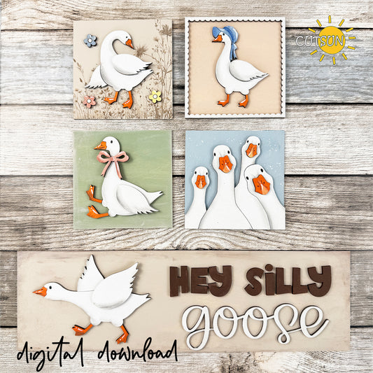 Layered Hey Silly Goose SVG leaning sign set with goose-themed square signs and coordinating farmhouse rectangular sign for laser cutting.