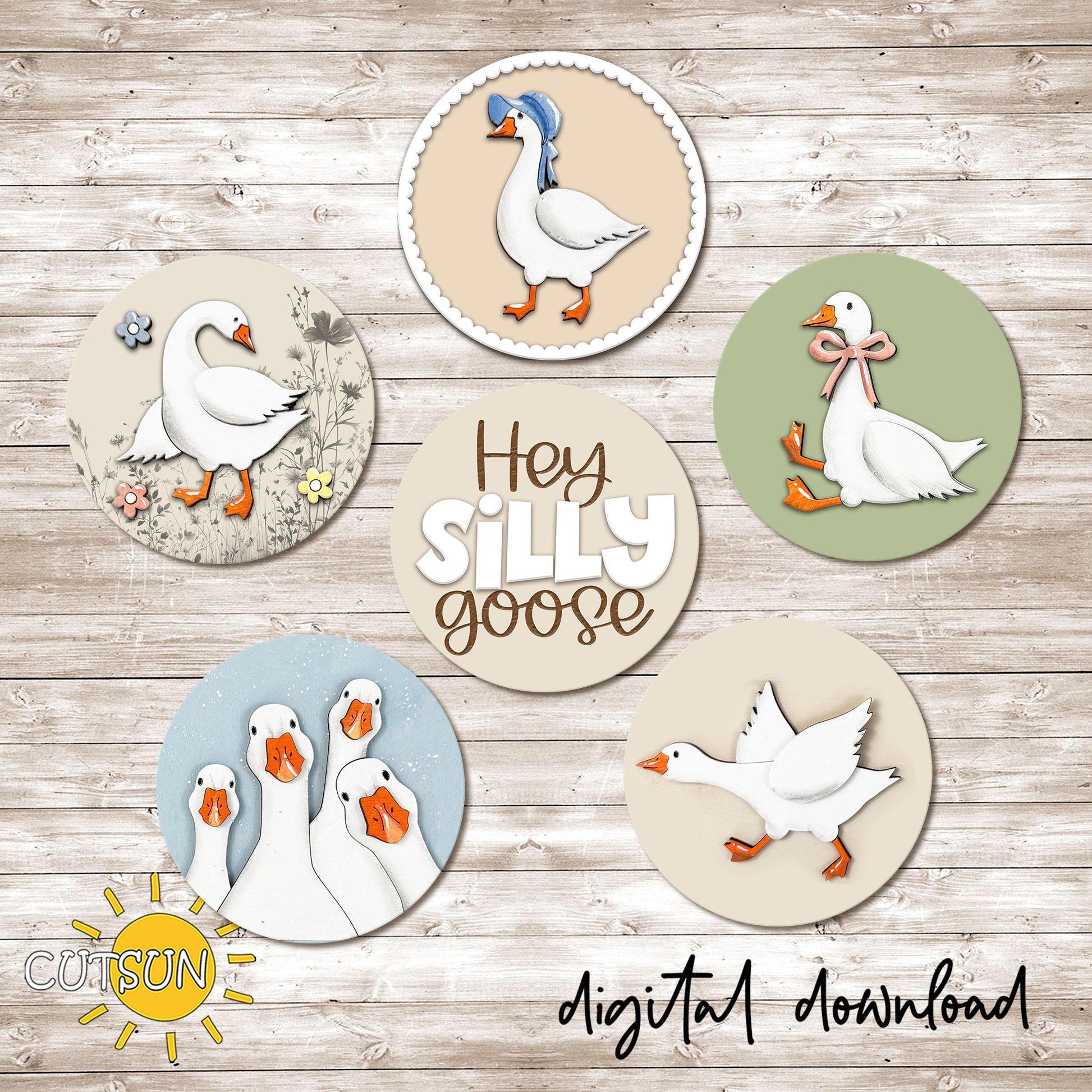 Hey Silly Goose round sign SVG bundle with six layered goose designs, interchangeable frame, farmhouse tiered tray decor, and laser cut file elements.