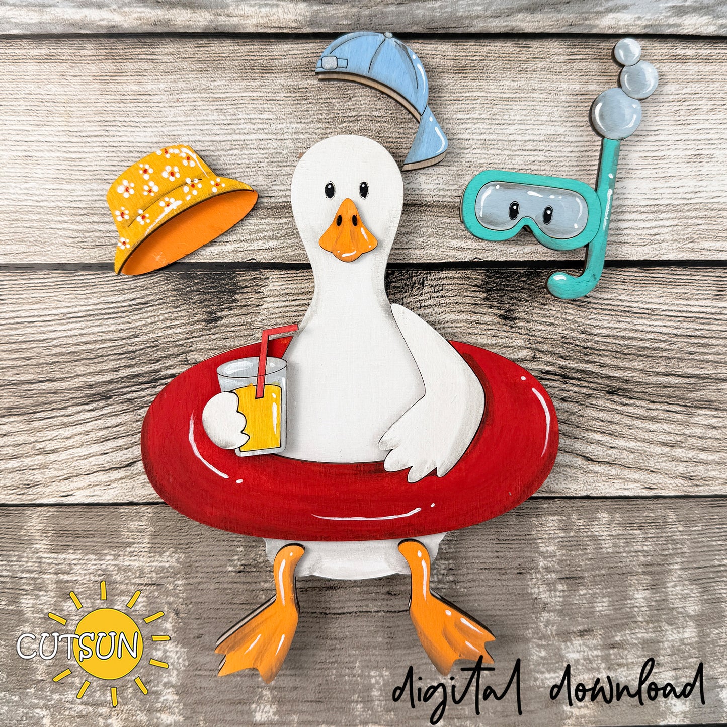 Goose Shelf Sitter SVG with Interchangeable Hats | Sitting Goose Laser Cut File | Summer Beach Decor, Layered Wood Goose