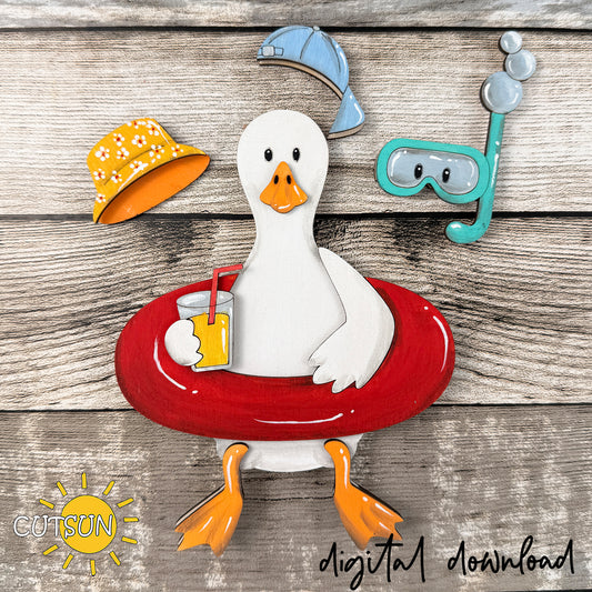 Goose Shelf Sitter SVG with Interchangeable Hats | Sitting Goose Laser Cut File | Summer Beach Decor, Layered Wood Goose