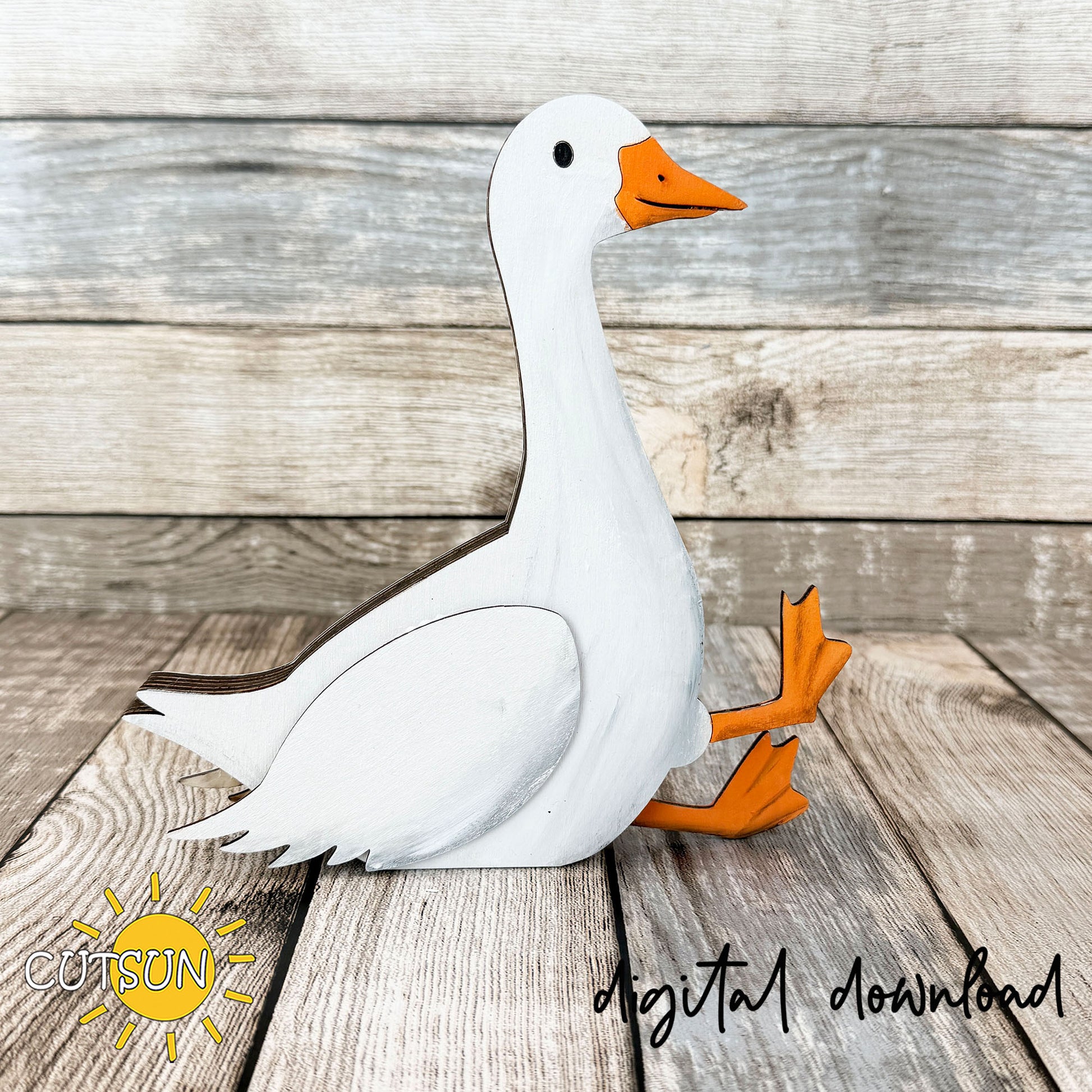 Freestanding double-sided goose shelf sitter SVG with layered rustic farmhouse design for laser cutting and seasonal home decor.