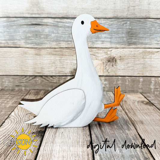 Freestanding double-sided goose shelf sitter SVG with layered rustic farmhouse design for laser cutting and seasonal home decor.
