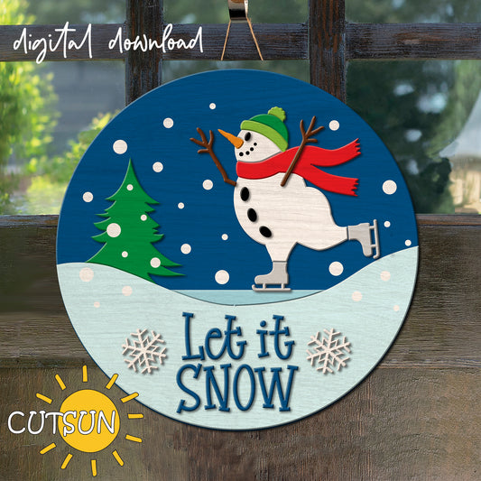 Circular wooden sign with a snowman design and 'Let it Snow' text, featuring the brand 'CUTSUN'.