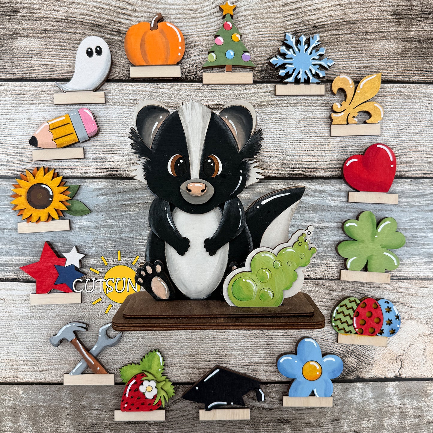 Skunk Shelf Sitter SVG – Interchangeable Woodland Animal Laser Cut File – Shelf Decor Digital Download