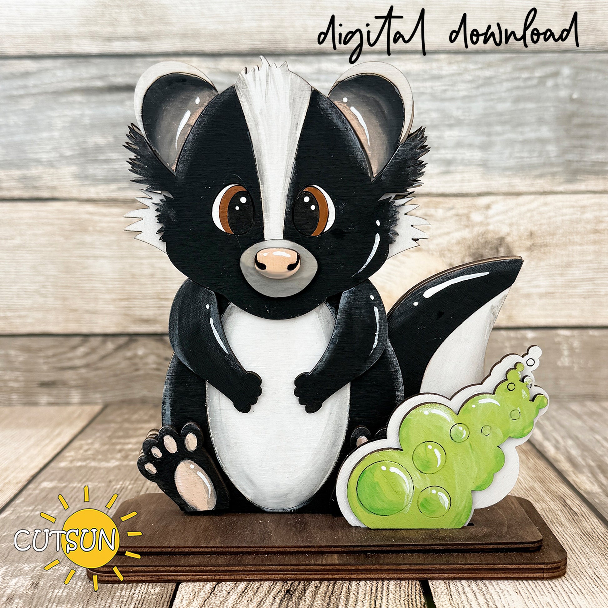 Layered interchangeable skunk shelf sitter SVG with freestanding base and playful stinky cloud accessory for woodland farmhouse decor.