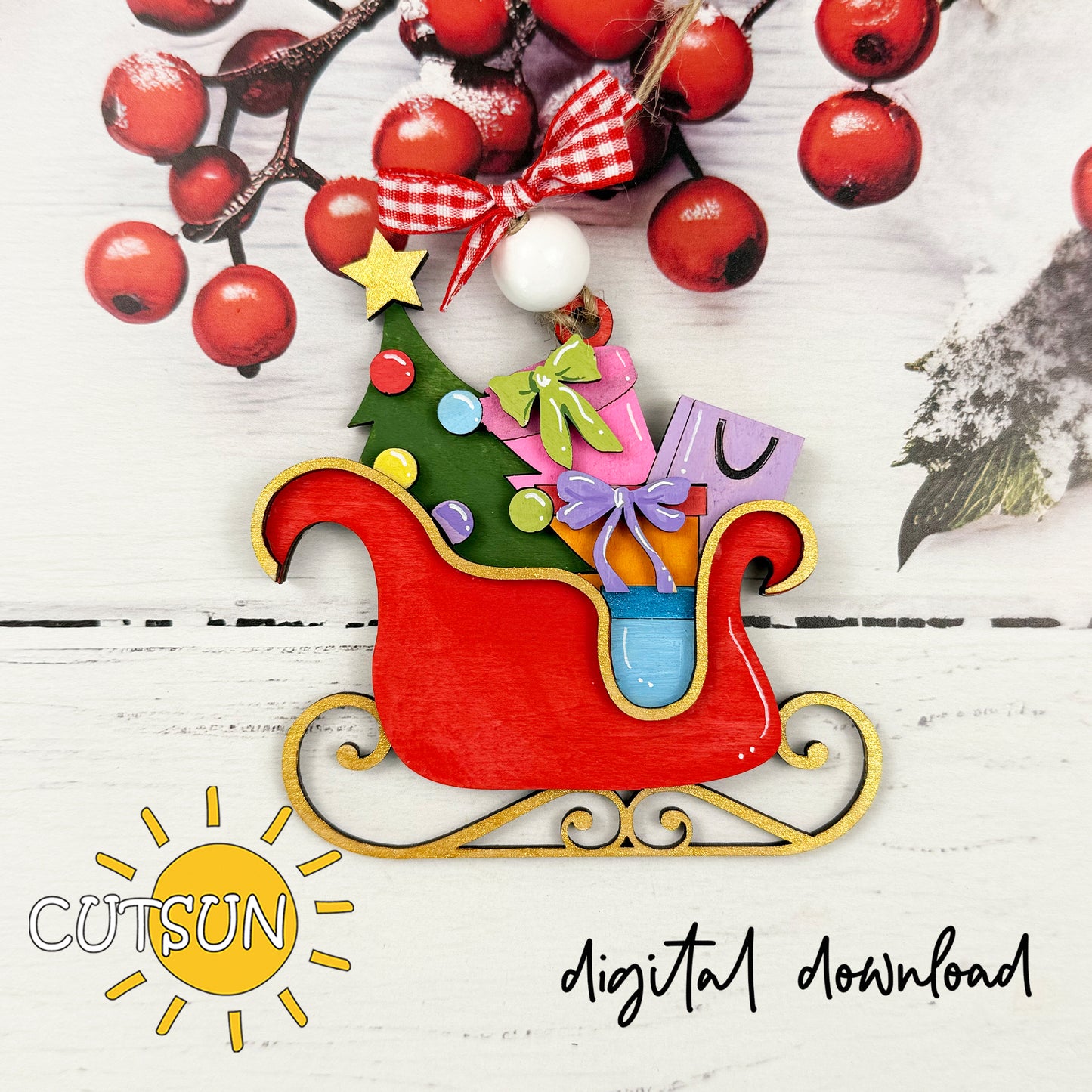 Christmas Sleigh Ornament SVG – Santa Sleigh with Gifts and Tree | Laser Cut File