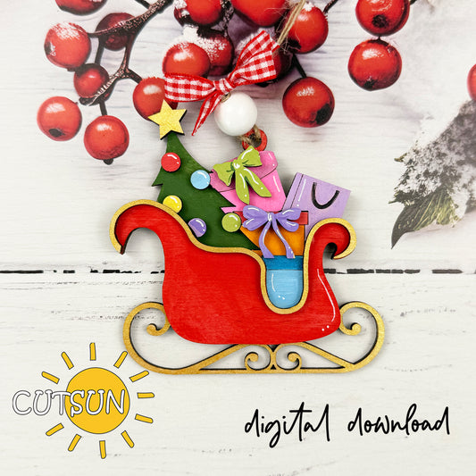 Christmas Sleigh Ornament SVG – Santa Sleigh with Gifts and Tree | Laser Cut File