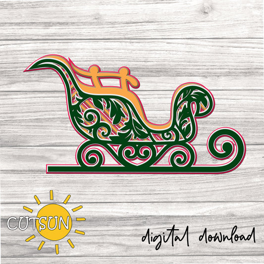 Decorative sleigh design on a wooden background with 'CUTSUN' logo and text.