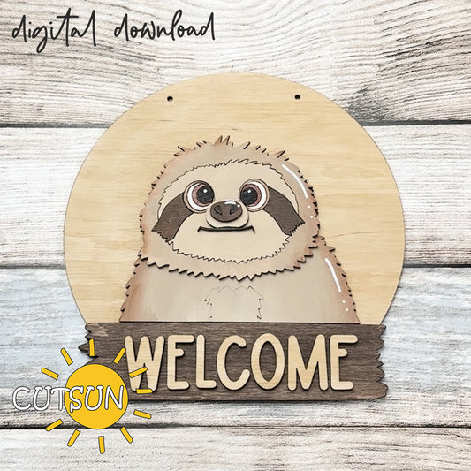 Sloth door hanger SVG for laser cutting – round interchangeable welcome sign base file with layered sloth design.