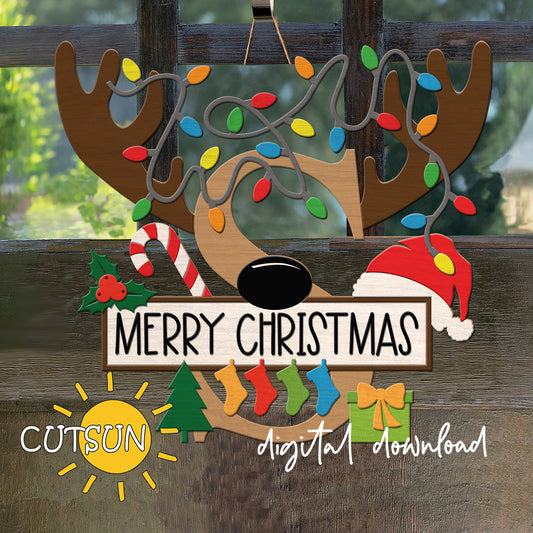 Laser cut Christmas door sign - monogram letter S with antlers, Christmas lights, candy cane, holly berry, a Christmas tree, a present, Santa hat and four stockings.