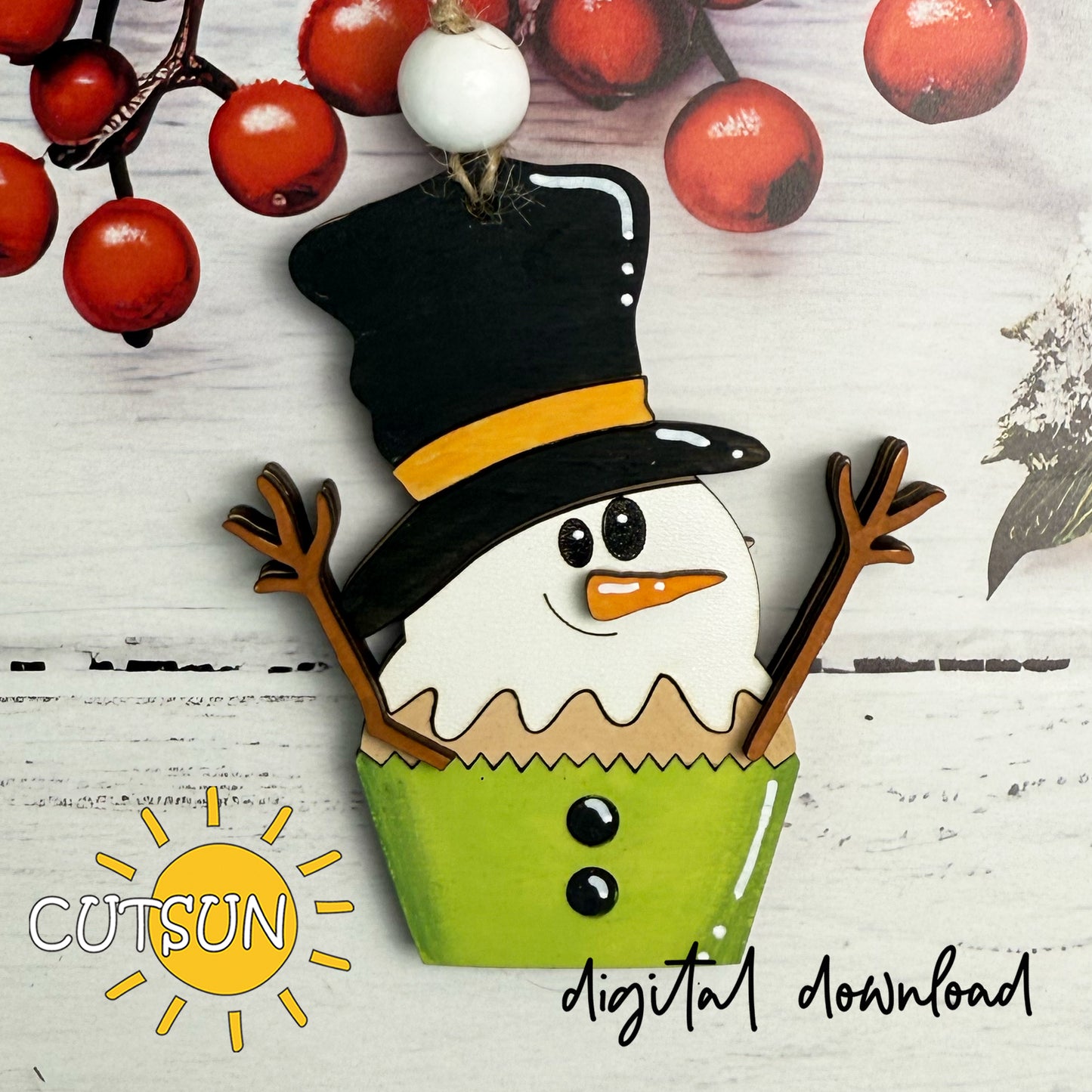 Snowman Cupcake Ornament SVG – Cute Christmas Laser Cut File for Holiday Crafts
