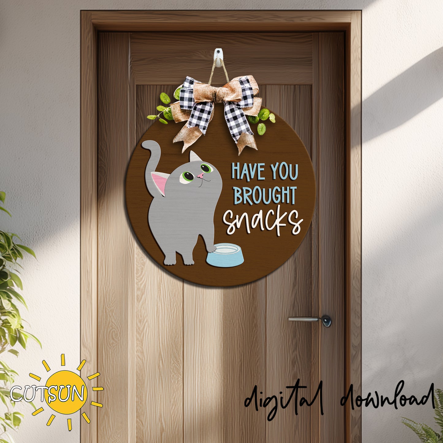 Funny Cat Door Hanger SVG – Have You Brought Snacks Laser Cut File, Cricut SVG