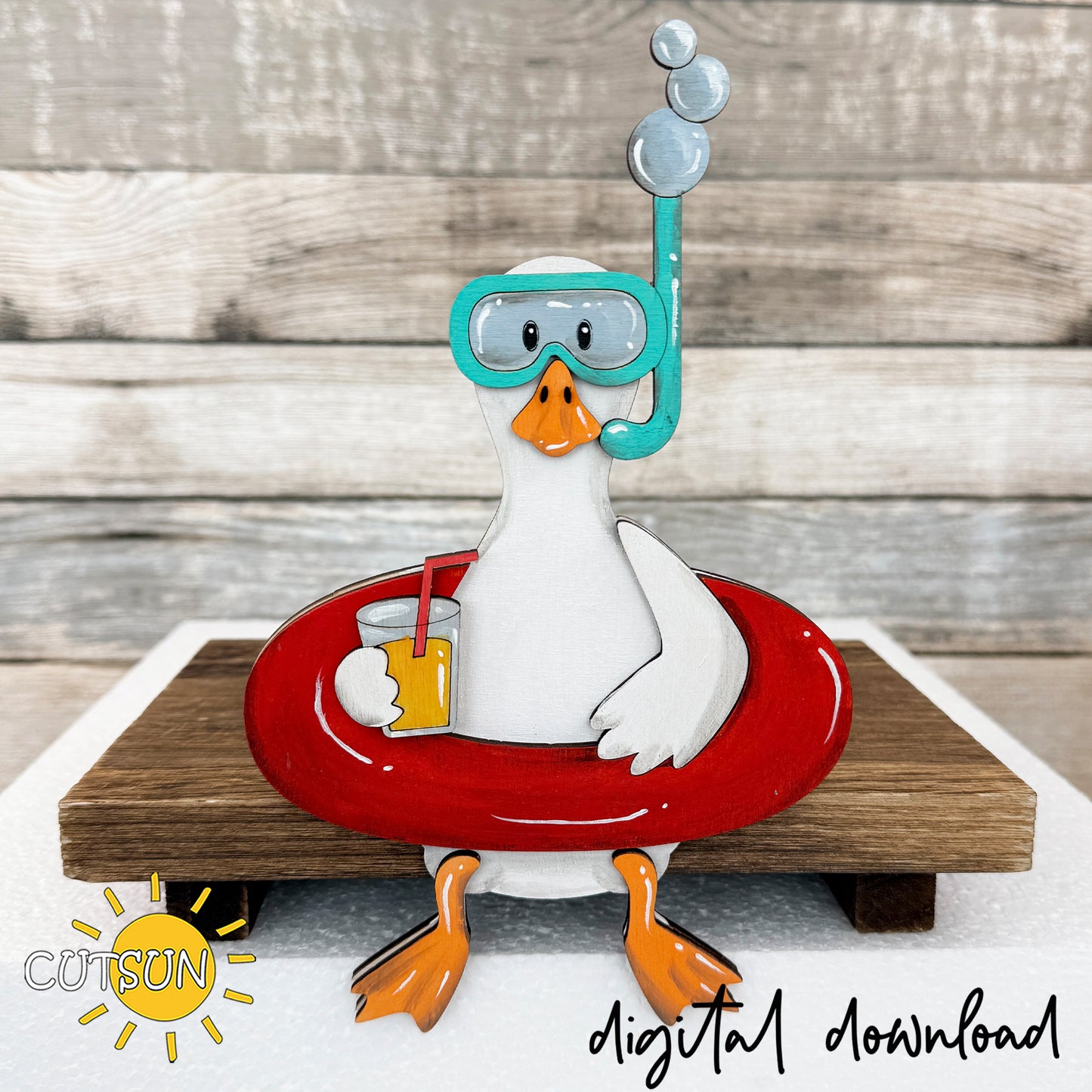 Goose Shelf Sitter SVG with Interchangeable Hats | Sitting Goose Laser Cut File | Summer Beach Decor, Layered Wood Goose