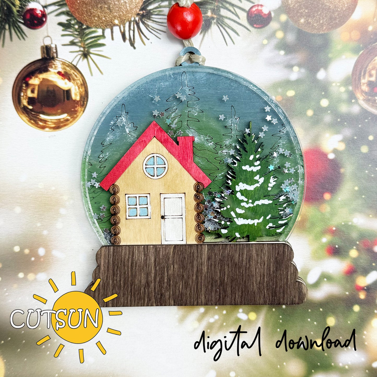 Snow Globe Ornament SVG | Layered Christmas Cabin Scene | Laser Cut File