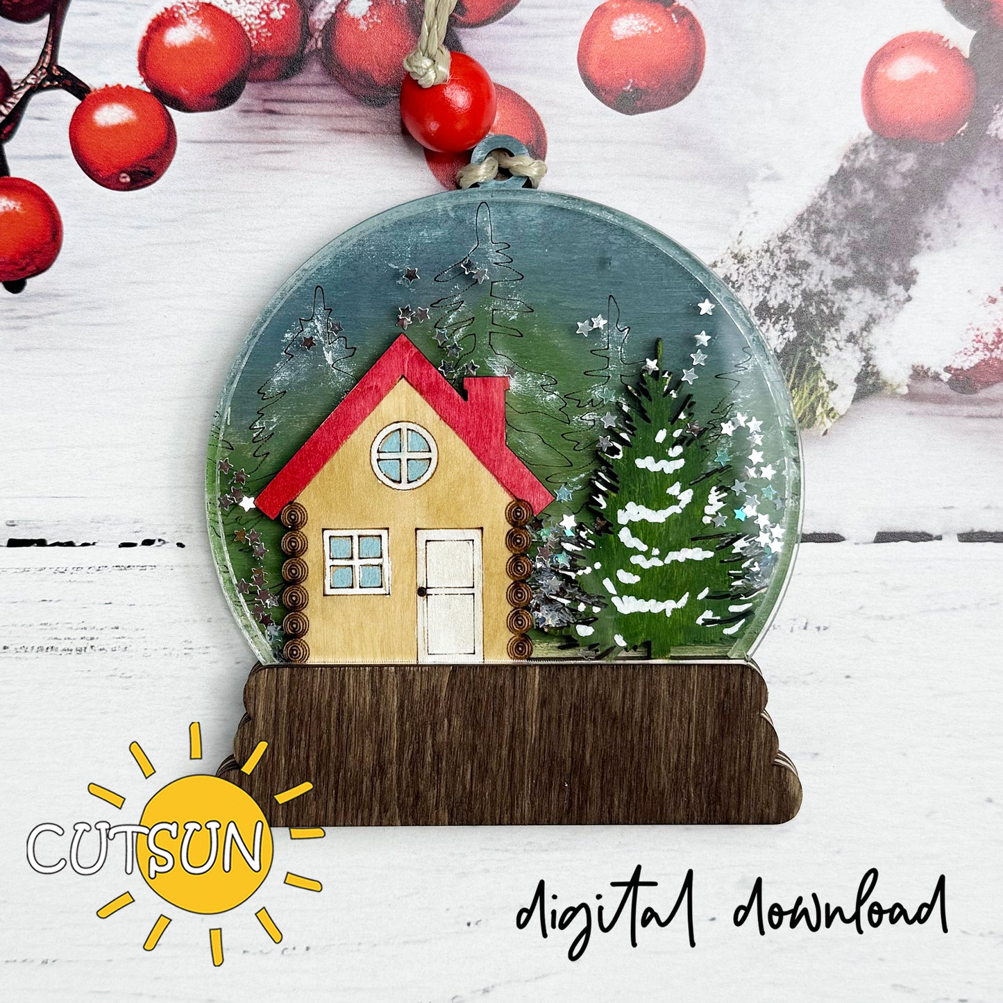Snow Globe Ornament SVG | Layered Christmas Cabin Scene | Laser Cut File