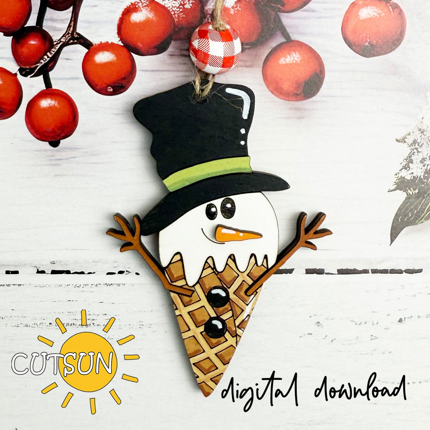 Melting Snowman Ice Cream Ornament SVG File | Funny Christmas Laser Cut Design