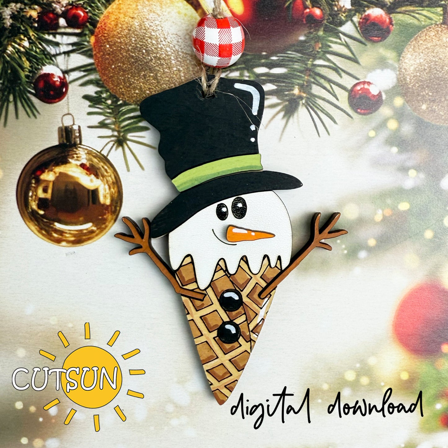 Melting Snowman Ice Cream Ornament SVG File | Funny Christmas Laser Cut Design