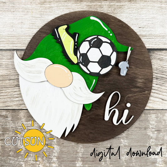 Soccer Gnome SVG laser cut file with green hat, soccer ball, cleat, and whistle – interchangeable sports gnome design.