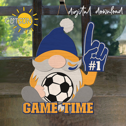 Gnome with blue hat, gray beard, and number one foam finger holding a soccer ball with 'Game Time' text on a wooden background.