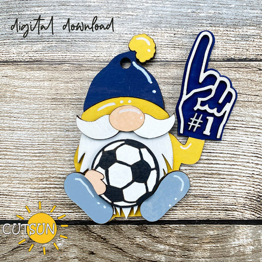 Gnome holding a soccer ball and pointing with '#1' on a wooden background, digital download available.