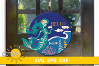 SVG digital download for a door sign featuring a spooky Mermaid skeleton, see plants, fish, starfish and the word Hello