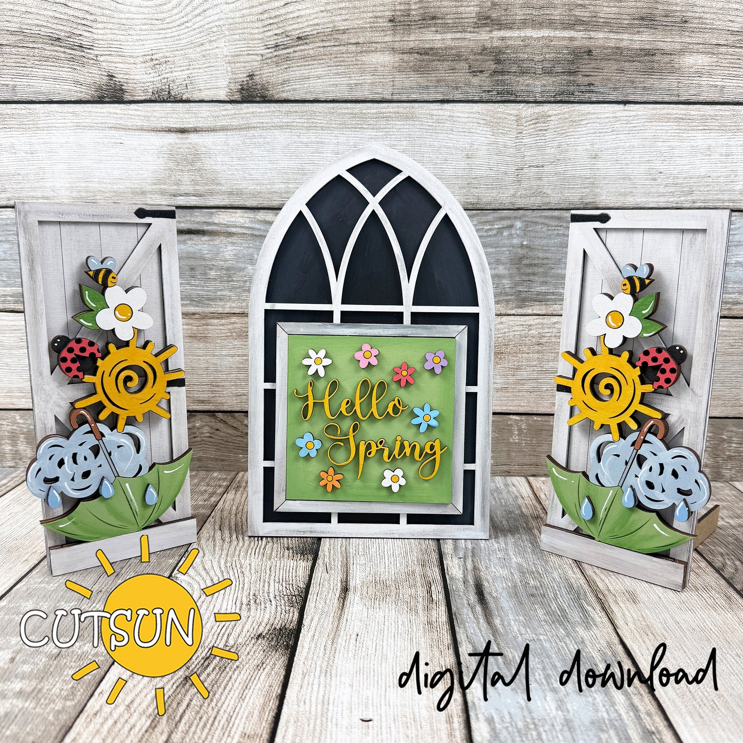 Hello Spring interchangeable add-on SVG laser cut file for farmhouse window base, featuring a layered spring insert with flowers.