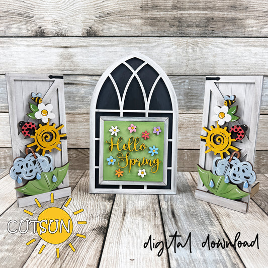 Hello Spring interchangeable add-on SVG laser cut file for farmhouse window base, featuring a layered spring insert with flowers.
