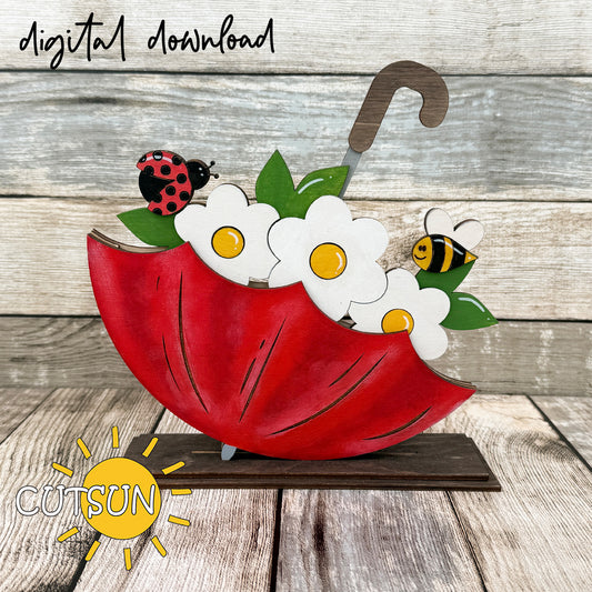 Spring flowers add-on for interchangeable upside down umbrella shelf sitter with layered daisies, bee, ladybug, and green leaves, laser cut design