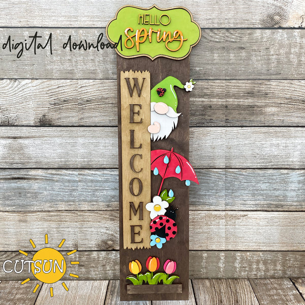 Hello Spring porch sign add-on Spring Gnome SVG with a free Interchangeable Porch leaner SVG included Glowforge SVG Laser cut file