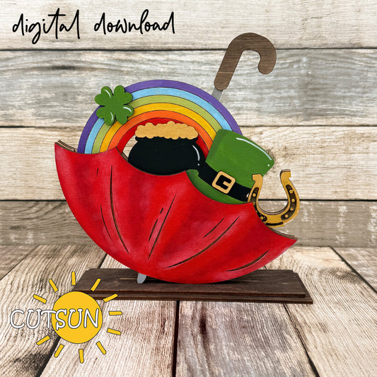 St. Patrick’s Day interchangeable upside down umbrella shelf sitter add-on with rainbow, shamrock, pot of gold, and leprechaun hat laser cut design