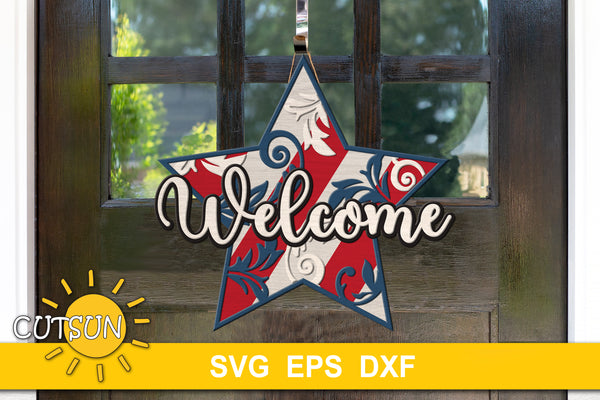 Vintage star door hanger SVG | Patriotic welcome sign SVG