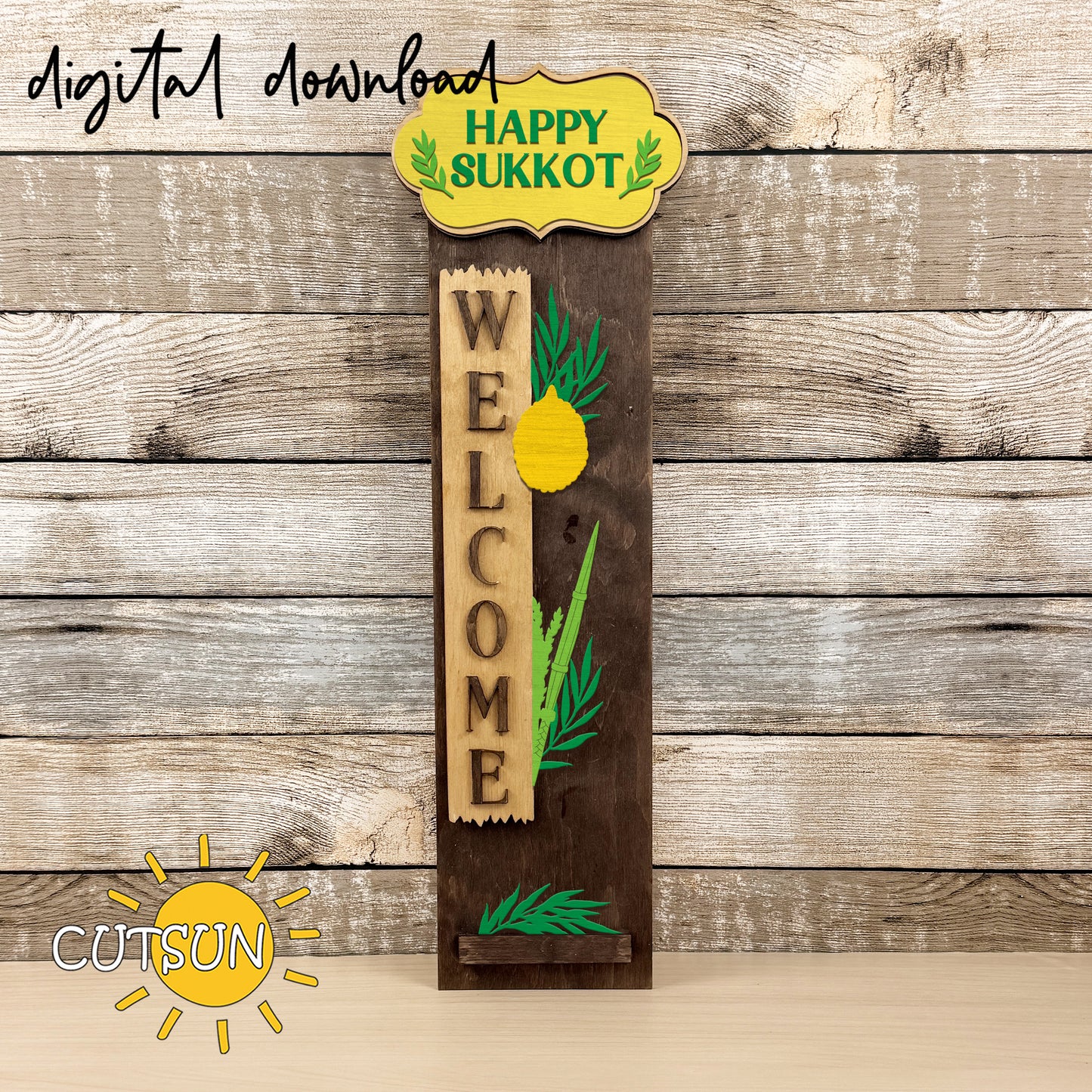 Sukkot vertical porch leaner sign with Happy Sukkot plaque, welcome panel, lulav palm leaves and etrog citron, layered wood design