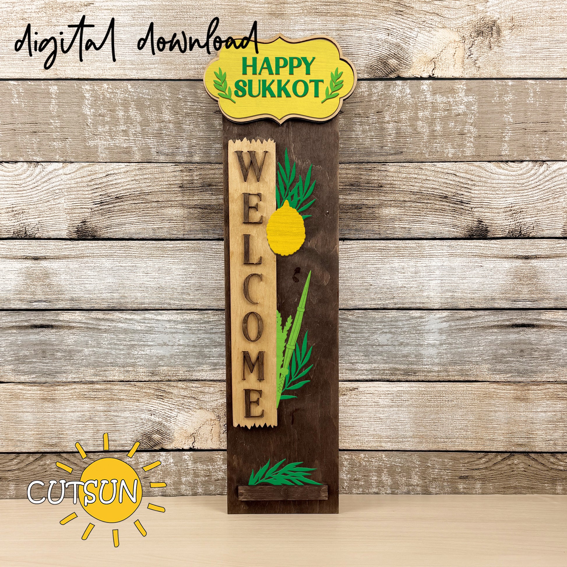 Sukkot vertical porch leaner sign with Happy Sukkot plaque, welcome panel, lulav palm leaves and etrog citron, layered wood design