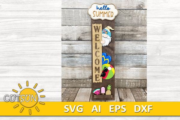 Hello Summer Gnome svg porch sign add-on with a free Interchangeable Porch leaner SVG Beach vertical porch sign Pool decor Laser cut file