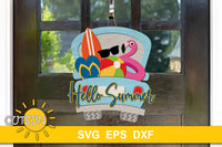 SVG digital download for a summer truck door hanger with flip flops, a surf board, a flamingo float, sunglasses and a beach ball in its trunk