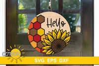 SVG digital download  for a round door hanger with a Sunflower and hexagons