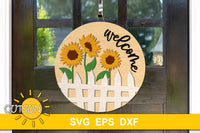 Summer door hanger with a white fence, sunflowers and the word welcome svg digital download