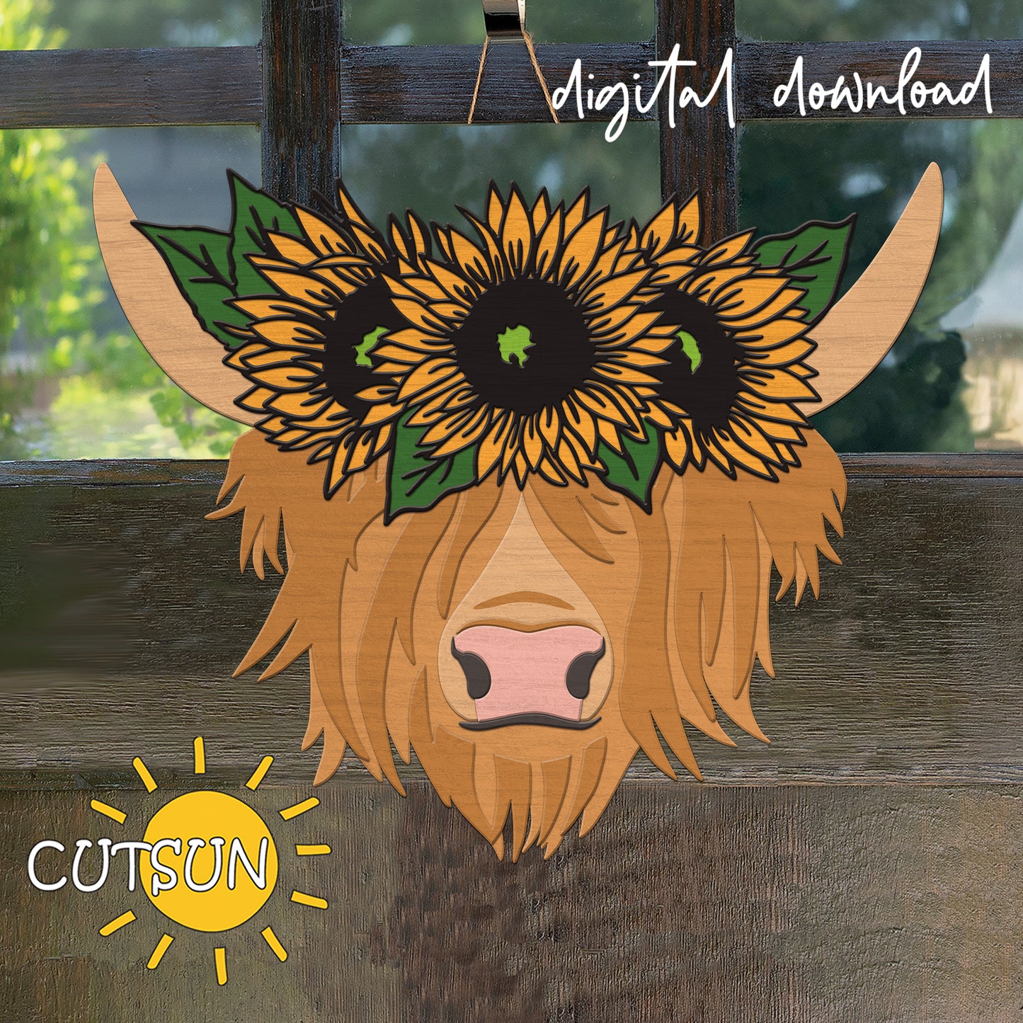 Digital download of a highland cow with sunflower eyes on a wooden background, featuring the brand 'CUTSUN'.